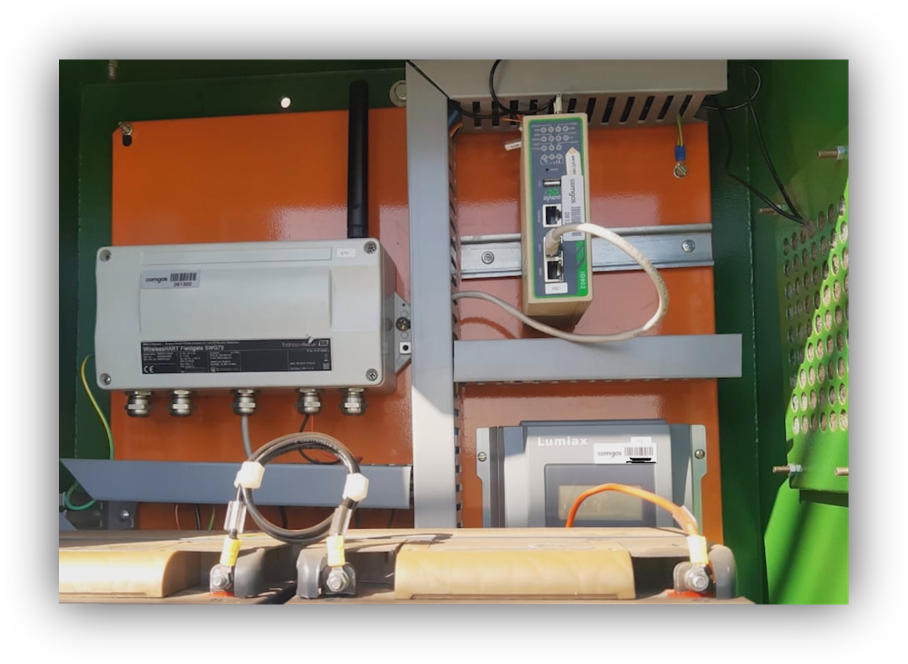 Armário de campo da Comgás com gateway WirelessHART, roteador industrial em trilho DIN e controlador de carga